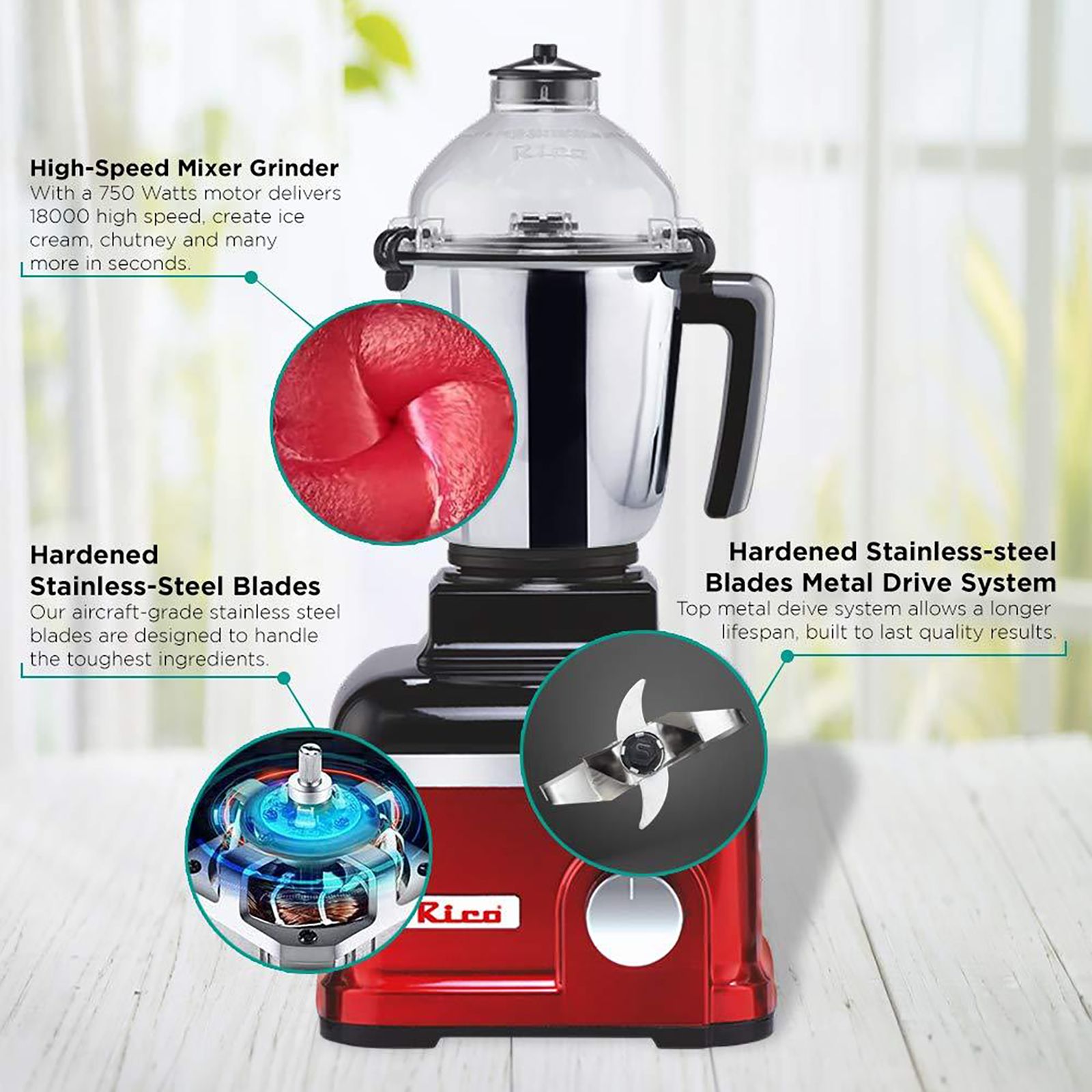 Buy Rico MG1808 750 Watt Jars Mixer Grinder (18000 RPM, Speed