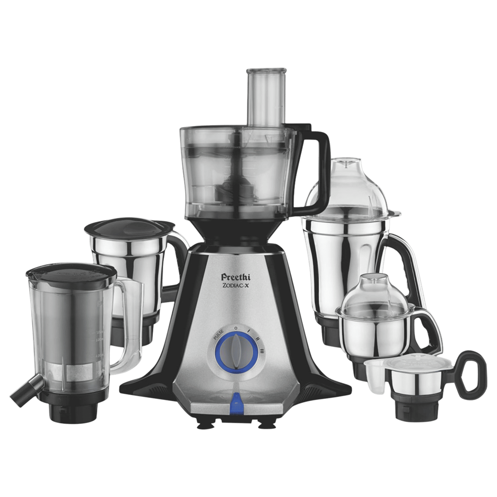 Preethi ZODIAC-X 750 Watt 6 Jars Juicer Mixer Grinder (25000 RPM, Effortless Atta Kneading, Silver & Black)