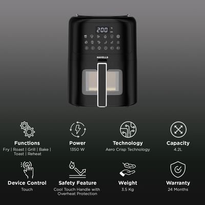 Havells Prolife Vista 4.2L 1350W Digital Air Fryer (Black)