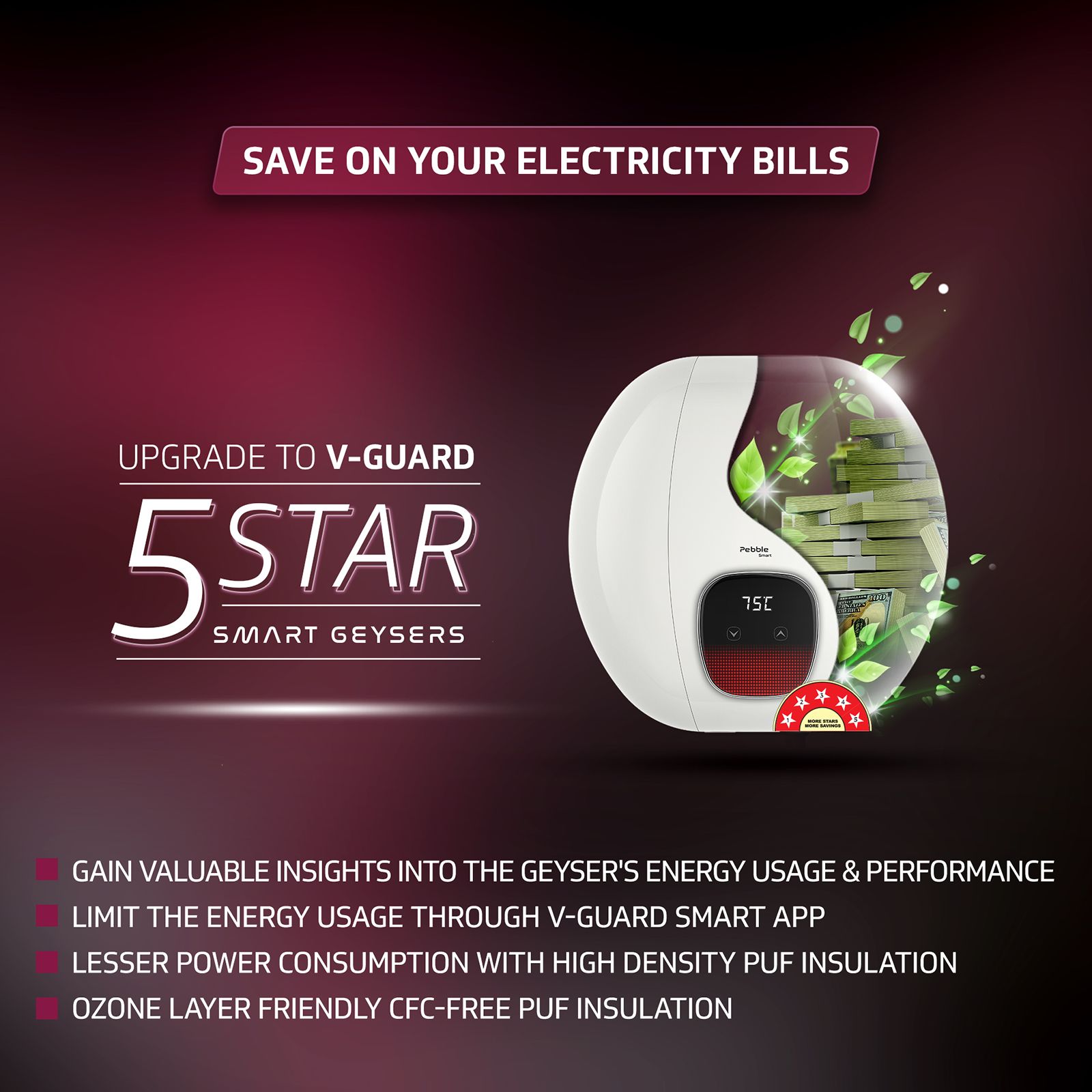 Divino Power Guard Less Power Consumption Geyser V-Guard Pebble