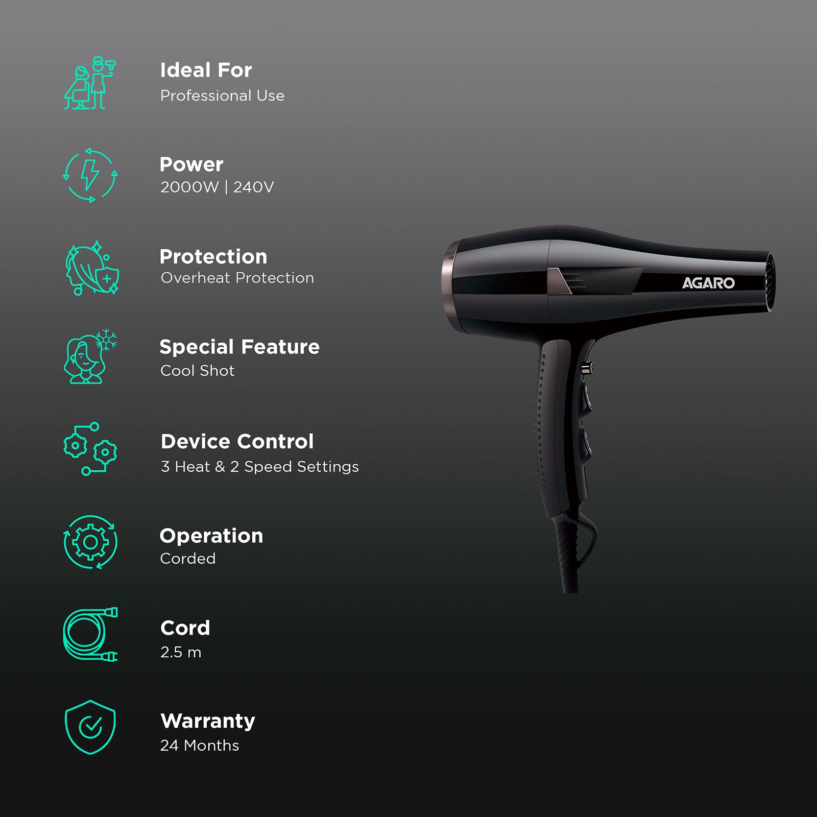 Buy AGARO Turbo Pro Hair Dryer with Heat Settings Cool Shot