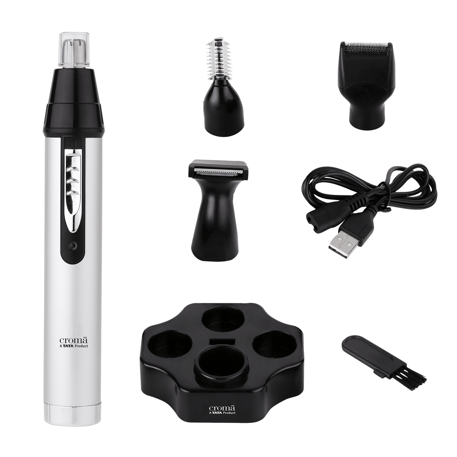 Croma 4-in-1 Rechargeable Cordless Grooming Kit for Nose, Ear, Eyebrow, Beard & Moustache for Men & Women (40min Runtime, Water Resistant, Black)