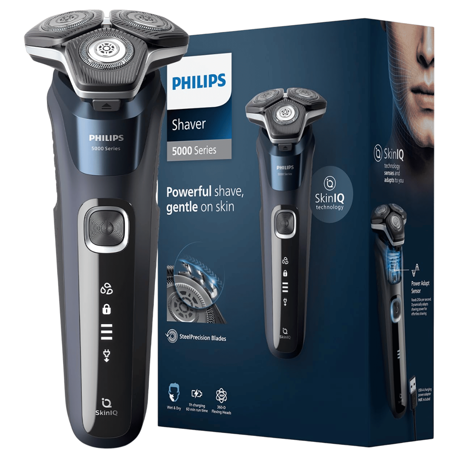 PHILIPS 5000 Series Rechargeable Cordless Shaver for Face for Men (60mins Runtime, SkinIQ Technology, Blue)