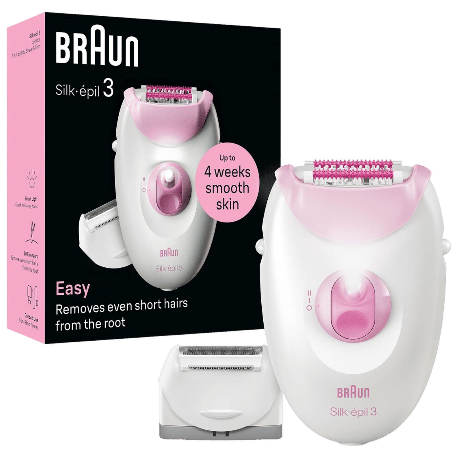 BRAUN SE3031 Corded Wet & Dry Epilator for Face, Legs & Arms with 2 Interchangeable Heads (Rotating Disc Blade, White and Pink)