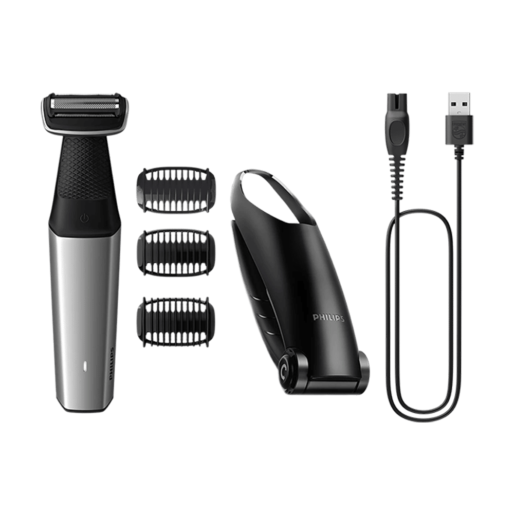 PHILIPS Bodygroom Series 5000 Rechargeable Cordless Body Groomer for Back, Body, Underarms, Intimate Areas for Men (60mins Runtime, Skin Protect Technology, Black & Silver)