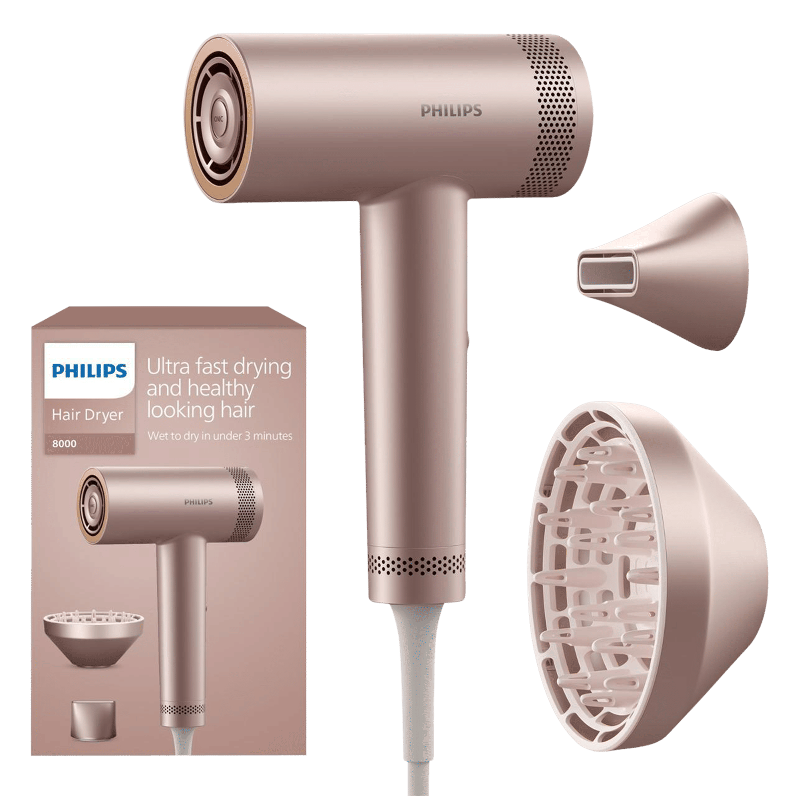PHILIPS 8000 Series Hair Dryer with 2 Heat Settings & Cool Air Throw (ThermoShield Advanced Technology, Rose Champagne)