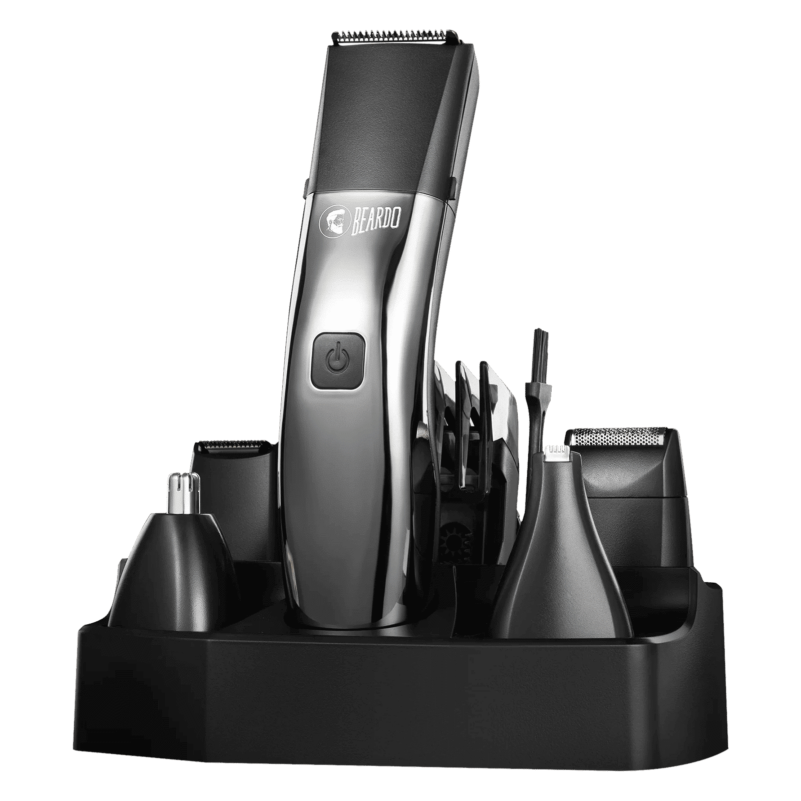 BEARDO Chrome Beast 8-in-1 Rechargeable Cordless Grooming Kit for Face, Nose & Ear, Beard & Moustche, Intimate Area, Head & Body for Men (90mins Runtime, Sleek Grooming Station, Black)