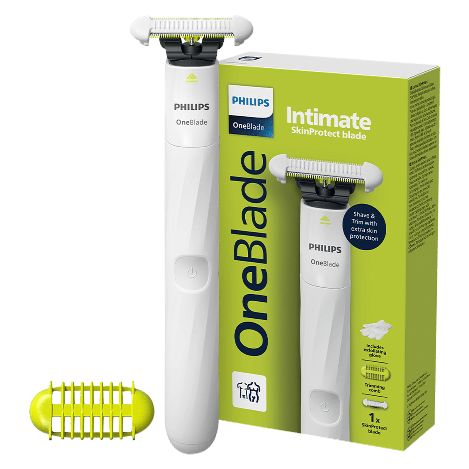 Philips OneBlade Rechargeable Cordless Wet Trimmer for Intimate Areas with 1 Length Settings for Women (Dual Protection, Lime Green & White)