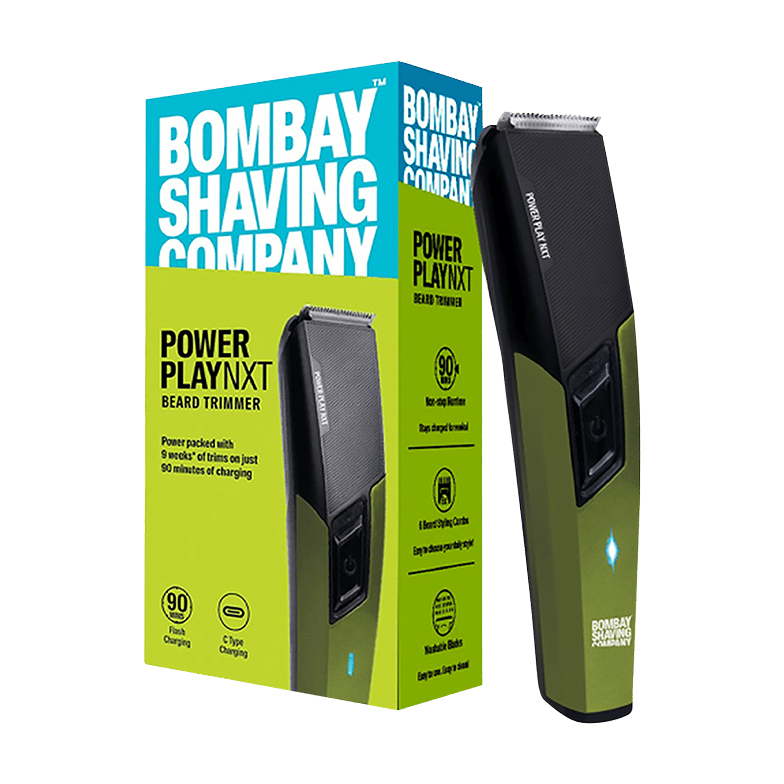Bombay Shaving Company Power Play Nxt Rechargeable Cordless Dry Trimmer for Beard & Moustache with 6 Length Settings for Men (90mins Runtime, Self Sharpening Blades, Green)
