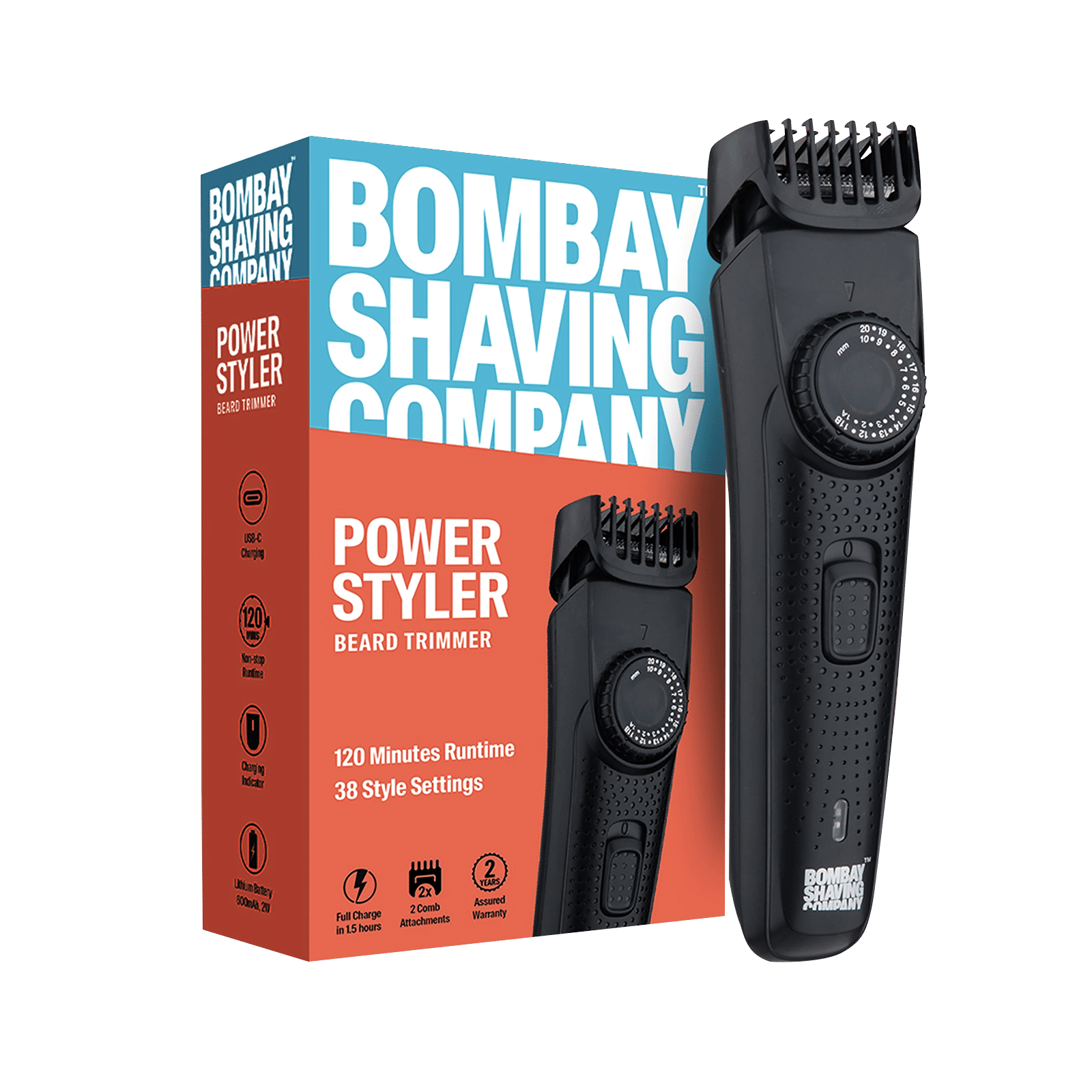 Bombay Shaving Company Power Styler Rechargeable Cordless Dry Trimmer for Beard, Moustache & Head with 38 Length Settings for Men (120mins Runtime, Flash Charging, Black)