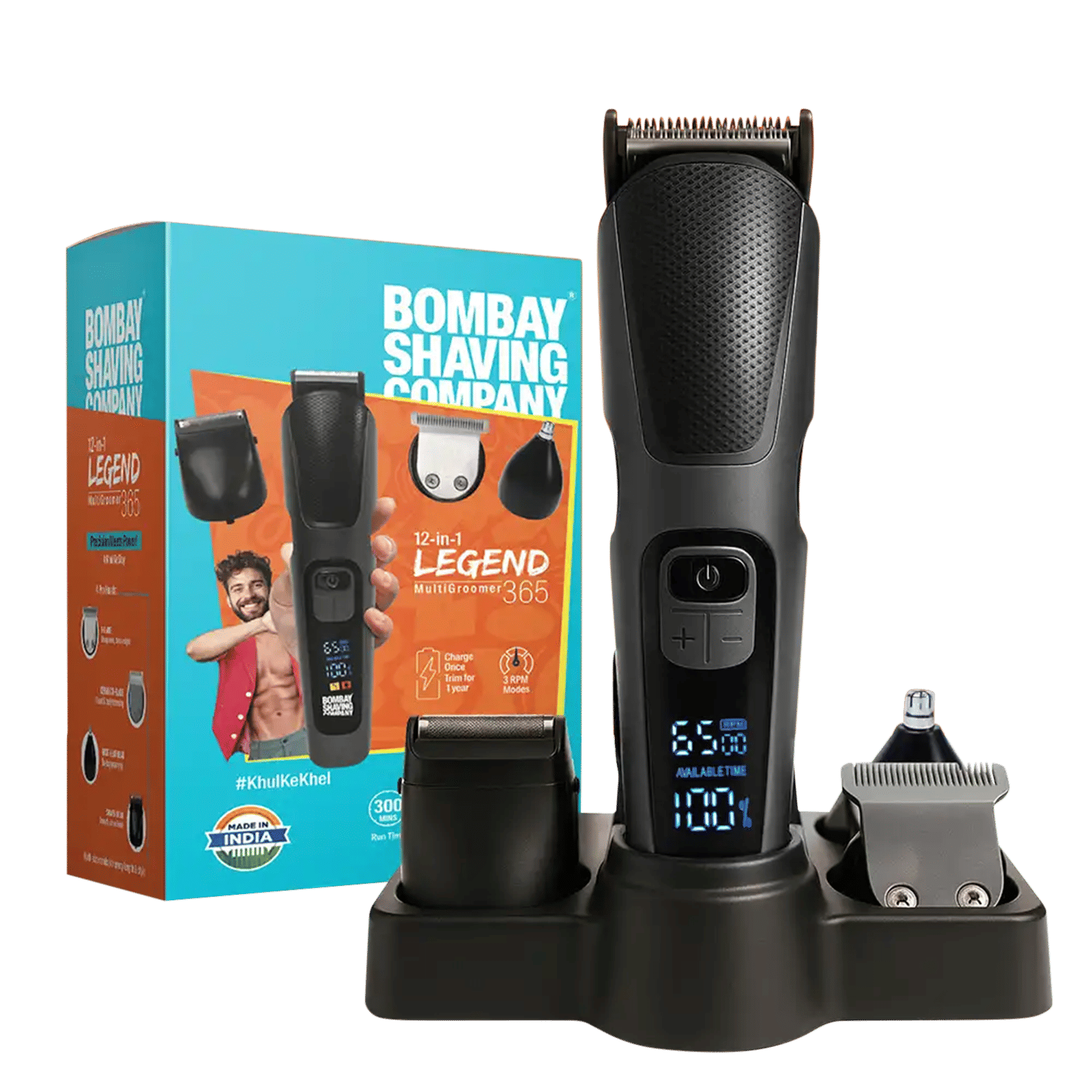 Bombay Shaving Company Legend 365 12-in-1 Rechargeable Cordless Multipurpose Trimmer for Beard, Ear, Nose, Body, Underarms & Intimate Areas for Men (300mins Runtime, Smart RPM Technology, Black)