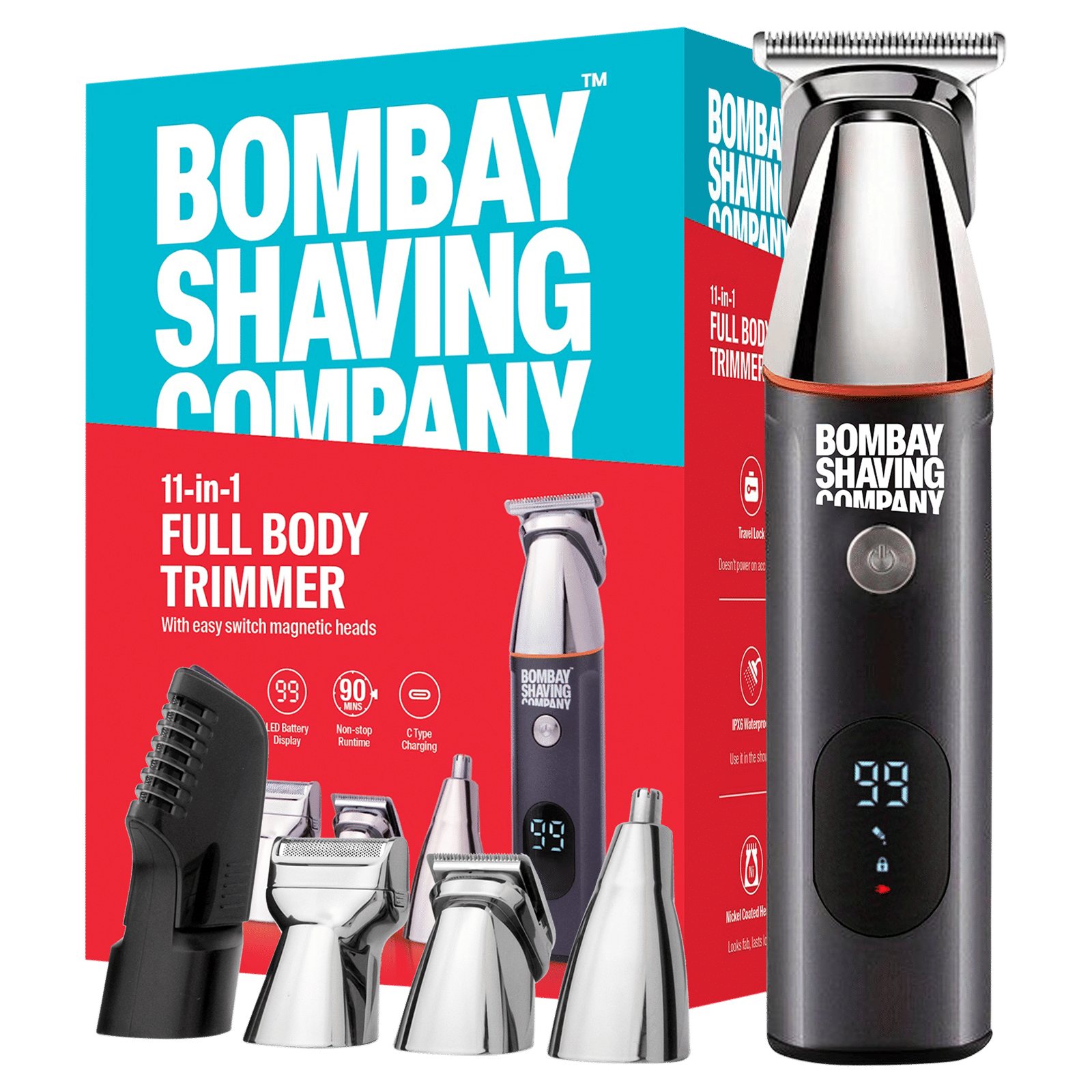 Bombay Shaving Company Rechargeable Cordless Multipurpose Trimmer for Beard, Body, Intimate Areas, Shave, Nose & Ear for Men (90min Runtime, IPX6 Waterproof, Grey)