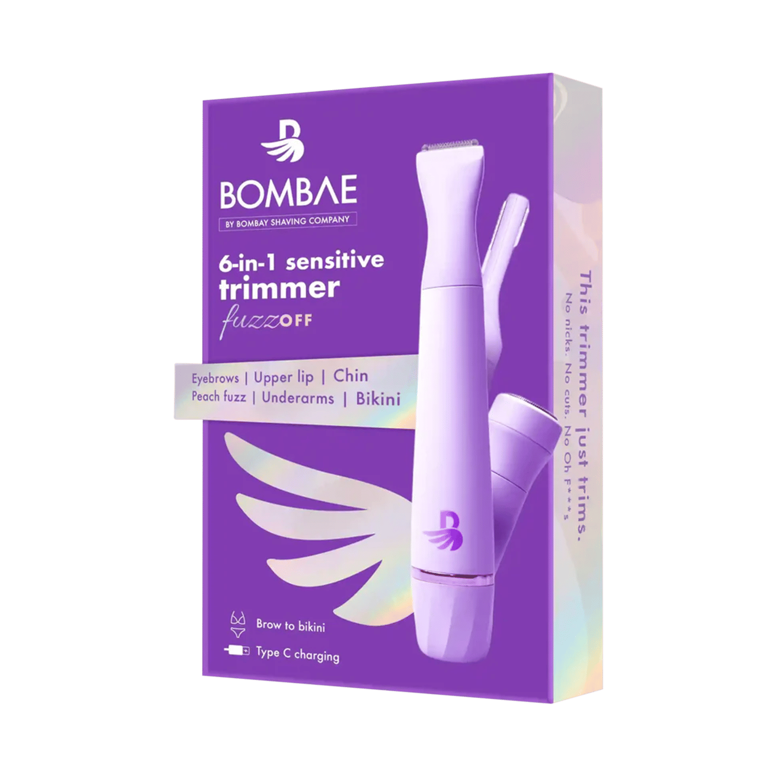 Bombae Fuzzoff 6 in 1 Rechargeable Cordless Multipurpose Trimmer for Eyebrows, Upper Lip, Chin, Peach Fuzz, Underarms & Intimate Areas for Women (90mins Runtime, Waterproof, Purple)