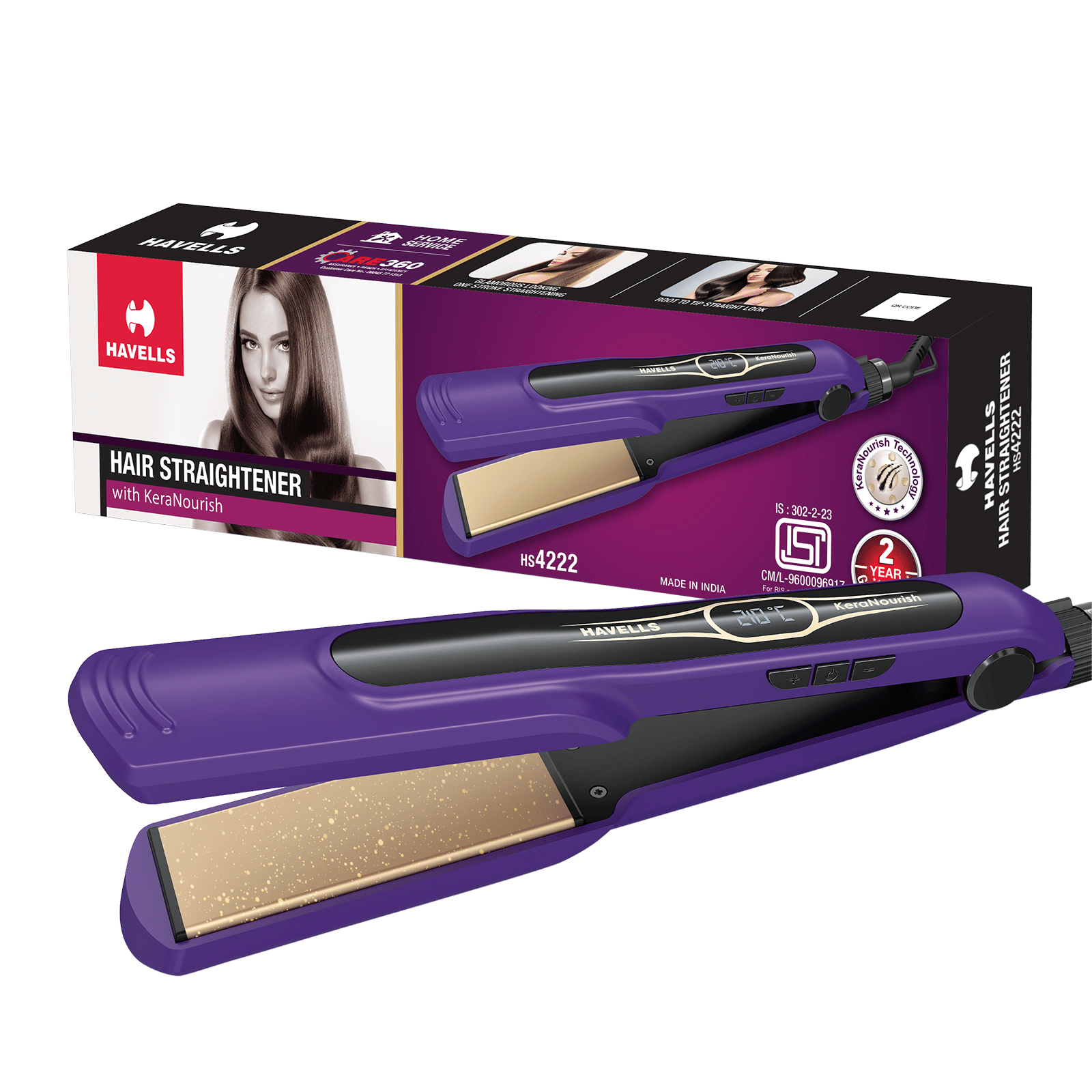 Havells HS4222 Hair Straightener with KeraNourish Technology (Wide Keratin Infused Ceramic Plates, Violet)