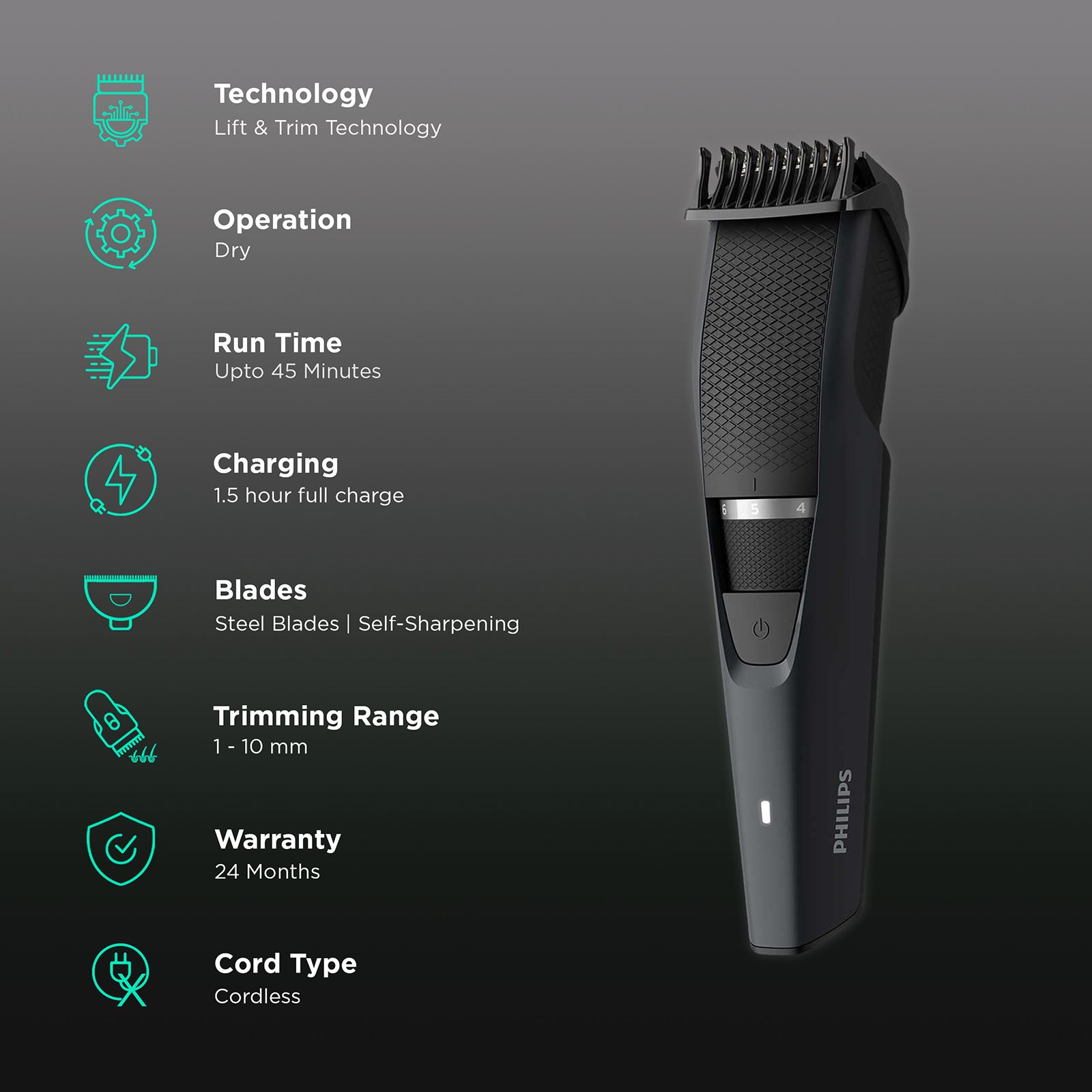 Buy PHILIPS BT3302/15 Rechargeable Cordless Dry Trimmer for Beard and Body with 10 Length Settings for Men (60mins Runtime, Stainless Steel Blade, Black and Grey) Online - Croma