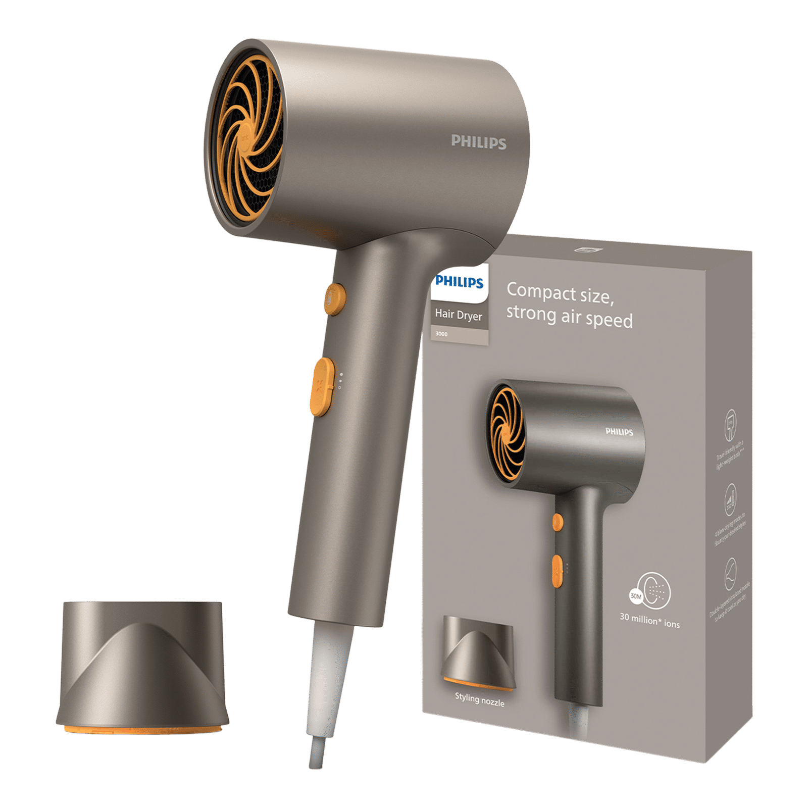 PHILIPS BHD 3000 Series Hair Dryer with 2 Heat Settings (Ionic Technology, Metalic)