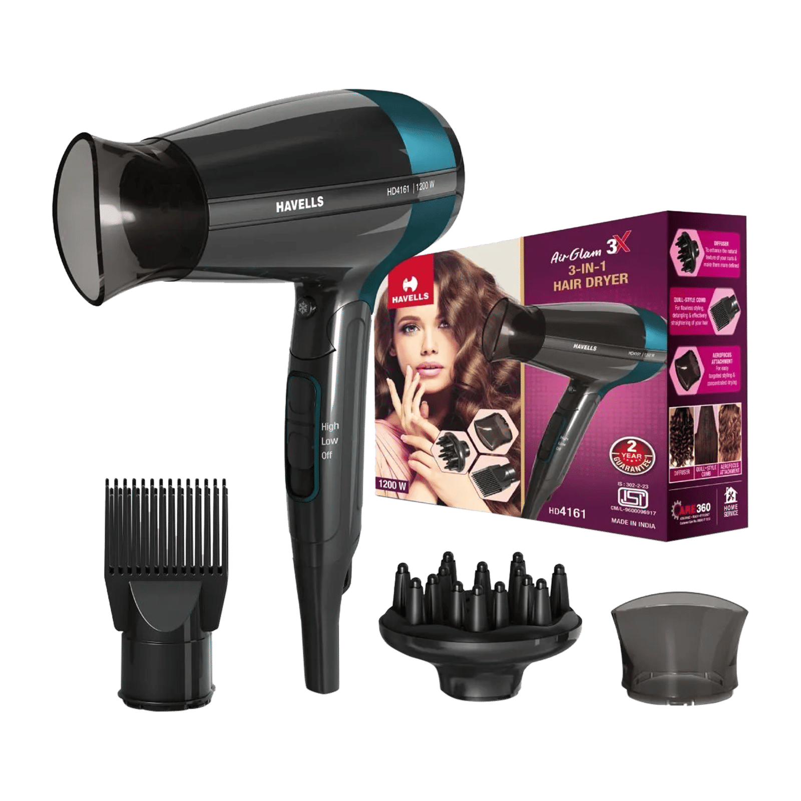 Havells Air Glam 3X Hair Dryer with 3 Heat Settings & Cool Shot (Hypersonic Powerful Motor, Black)