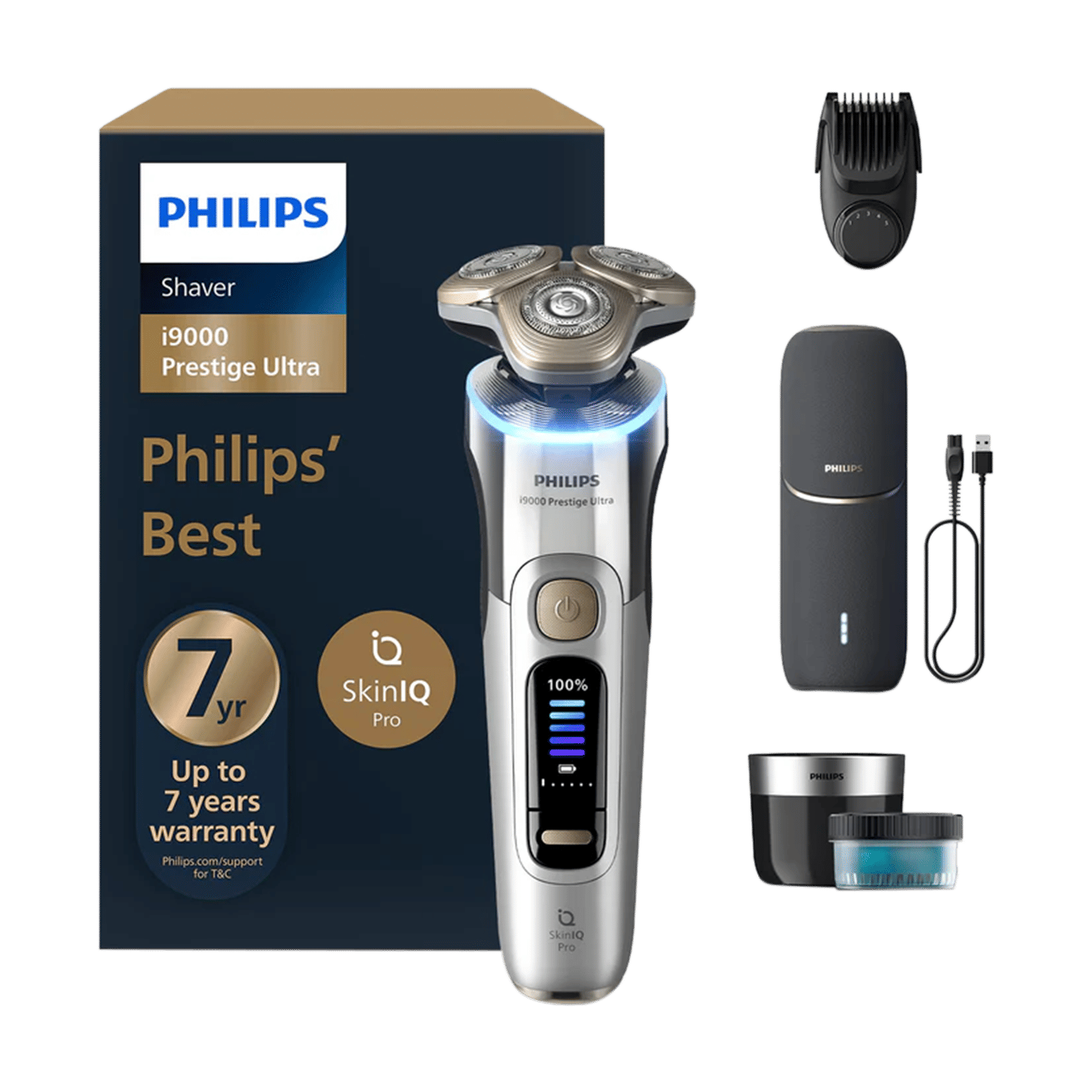 Philips i9000 Prestige Ultra Rechargeable Cordless Electric Shaver for Face & Neck for Men (60mins Runtime, Skin IQ Pro Technology, Chrome)