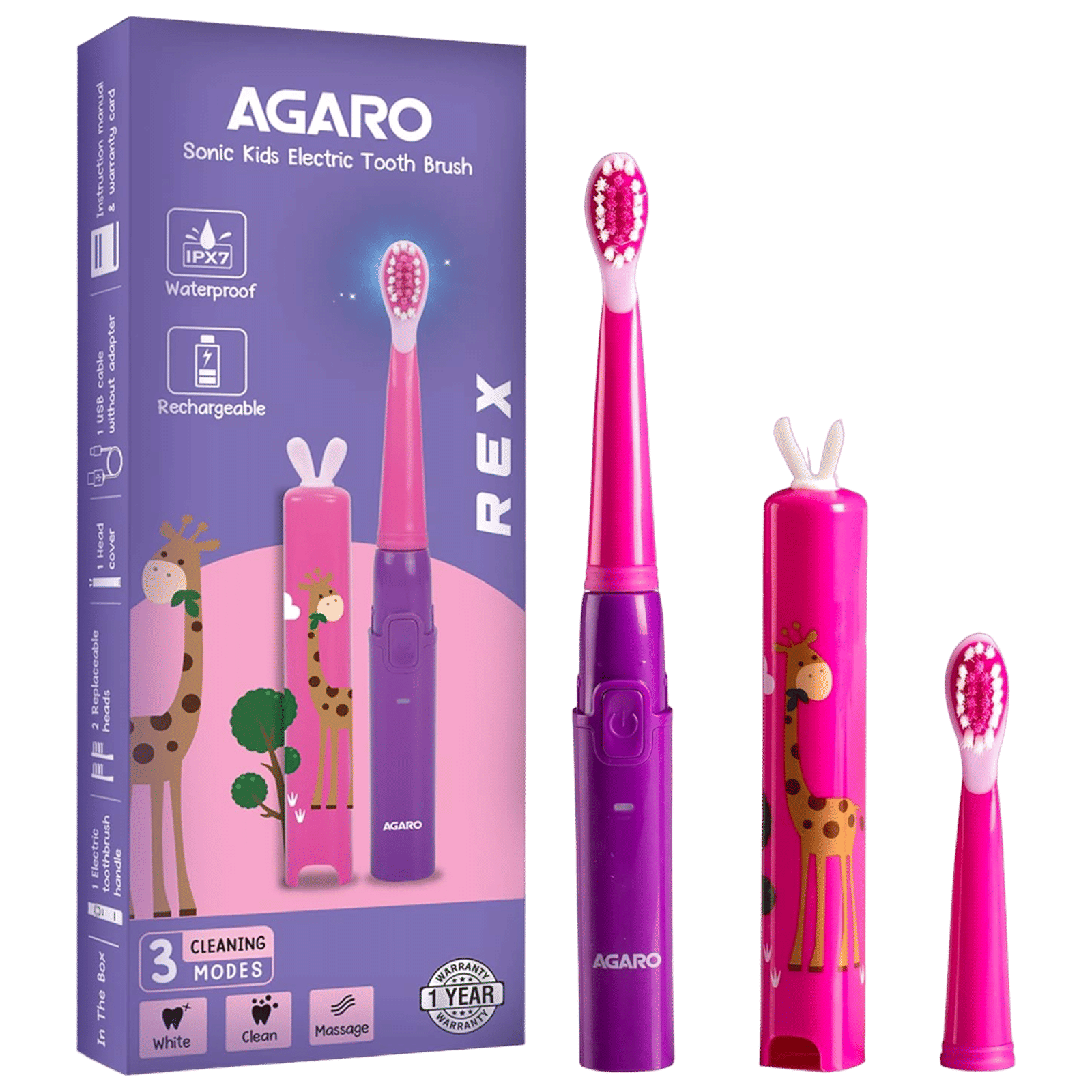 AGARO REX Sonic Rechargeable Electric Toothbrush with 2 Replacement Heads for Kids (3 Cleaning Modes, Purple)