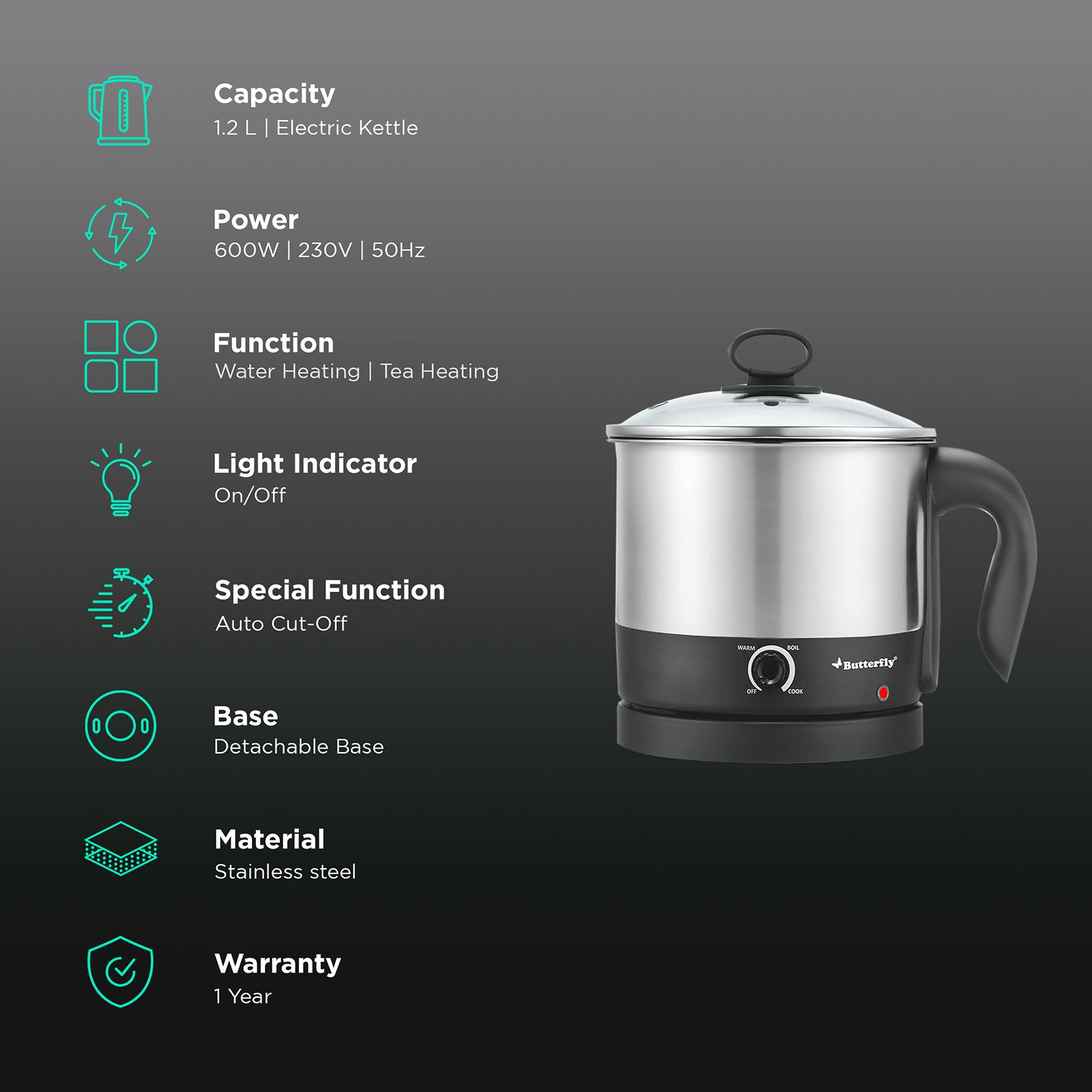 Butterfly TRIWAK0048 600 Watt Litre Multi Cook Electric Kettle with  Rapid Boil Technology (Silver)