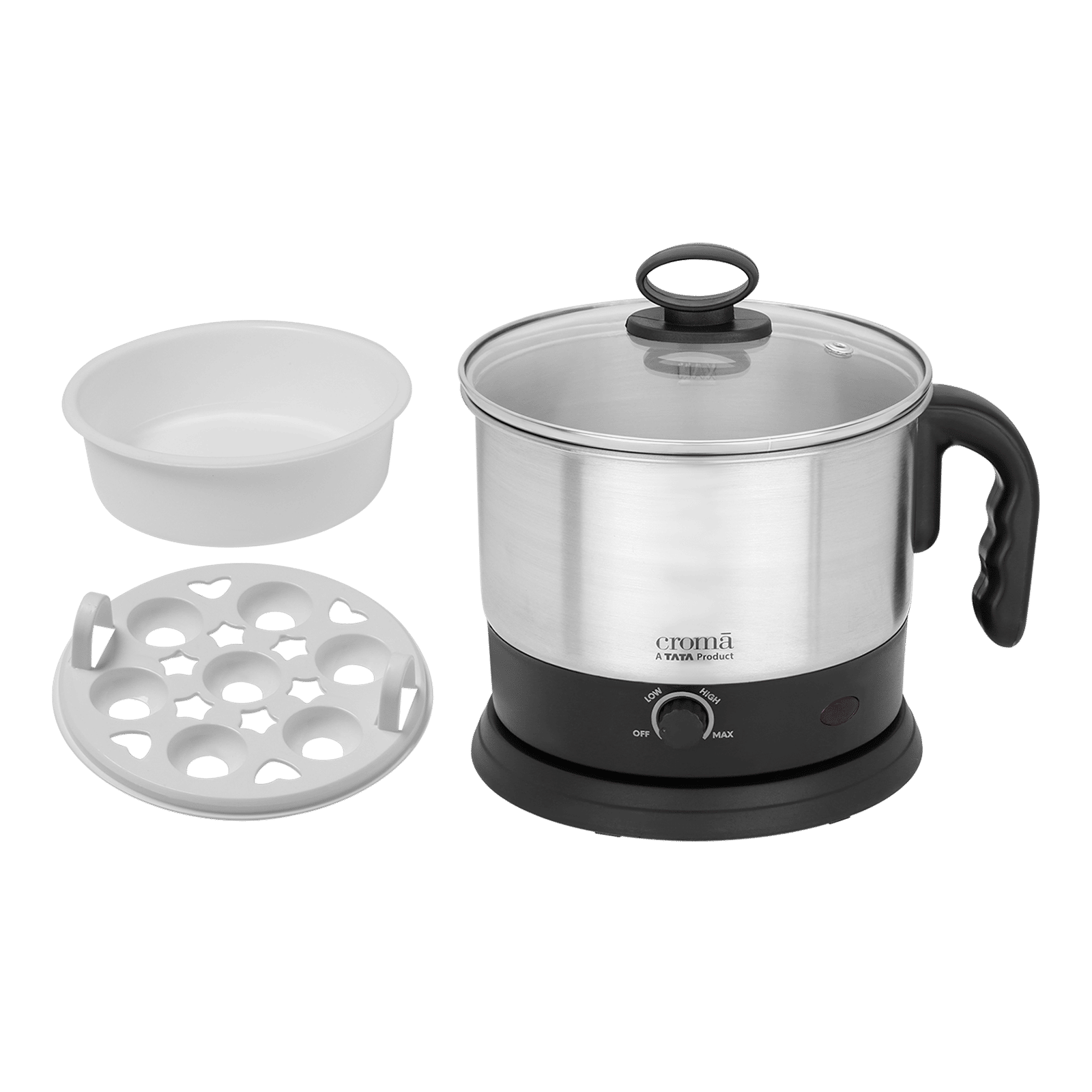 Croma 600 Watt Litre Multi Cook Kettle with Auto Shut-off (Black and  Silver)