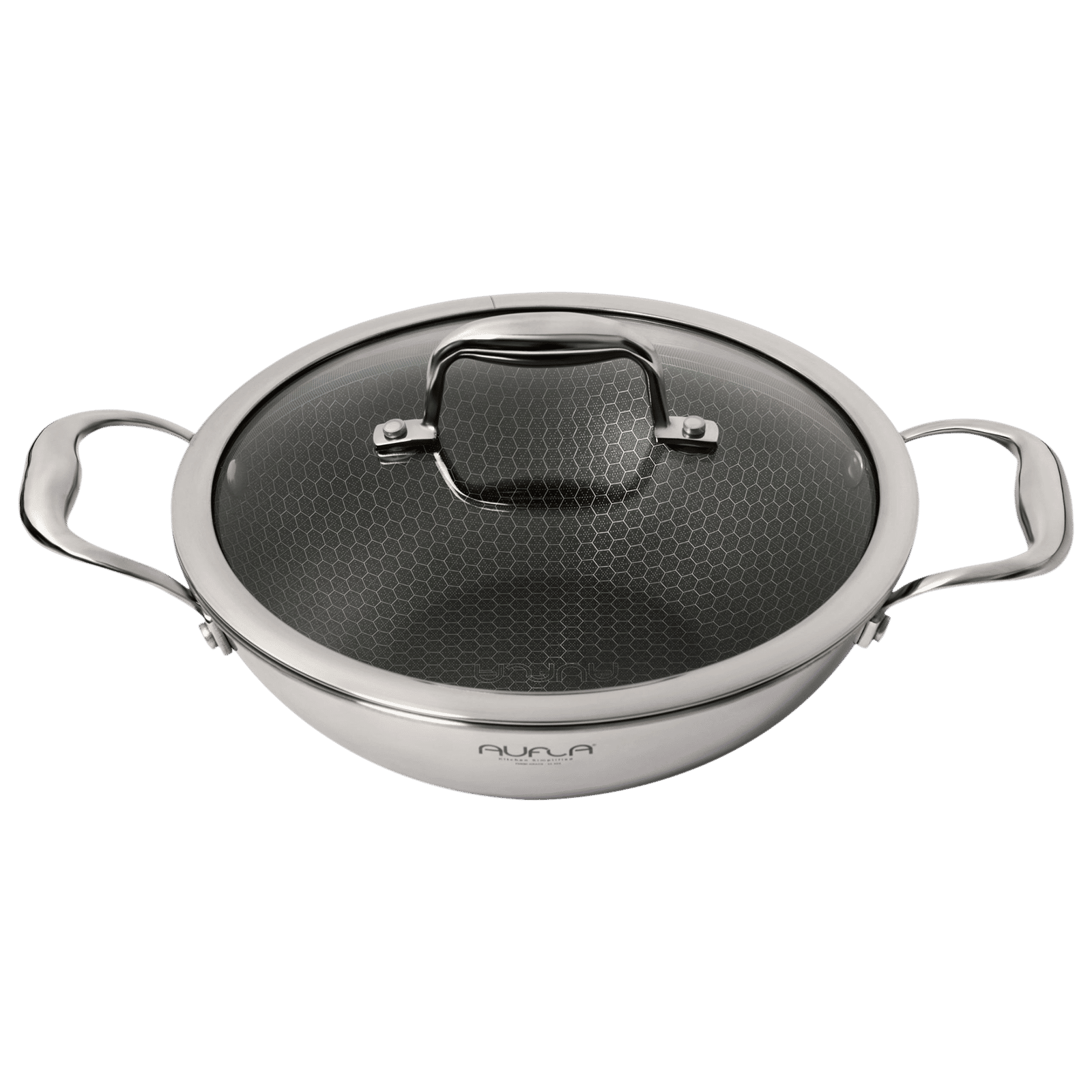 AUFLA NTHC 1.5L Non Stick Aluminium & Stainless Steel Kadhai with Glass Lid (Induction Compatible, Honeycomb Coating, Silver)