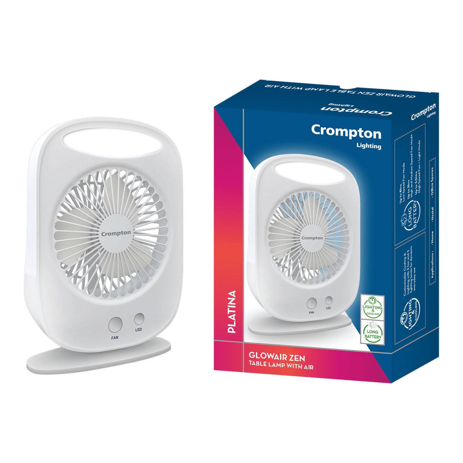 Crompton Glowair Zen 130mm 3 Blade Rechargeable Portable Fan with 2200mAH Battery (Lightweight, White)