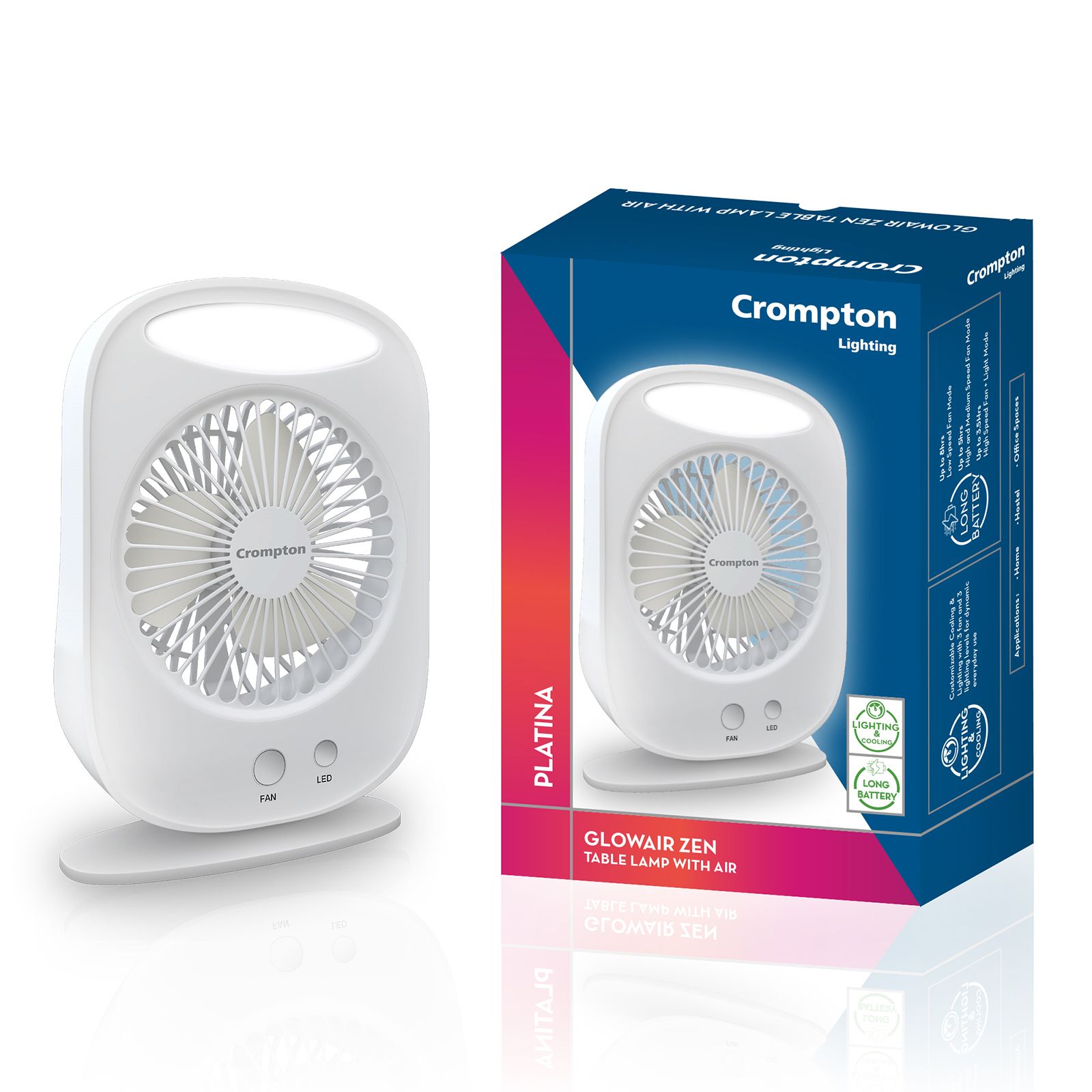 Crompton Glowair Zen 130mm 3 Blade Rechargeable Portable Fan with 2200mAH Battery (Lightweight, White)