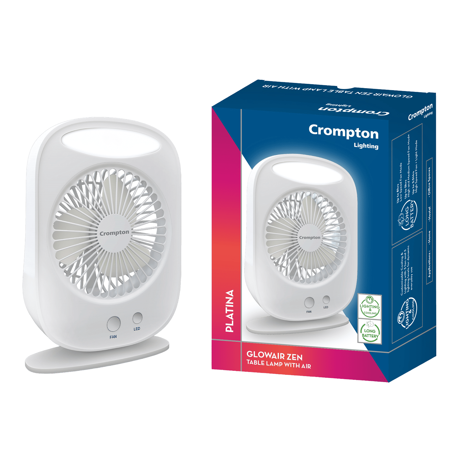 Crompton Glowair Zen 130mm 3 Blade Rechargeable Portable Fan with 2200mAH Battery (Lightweight, White)