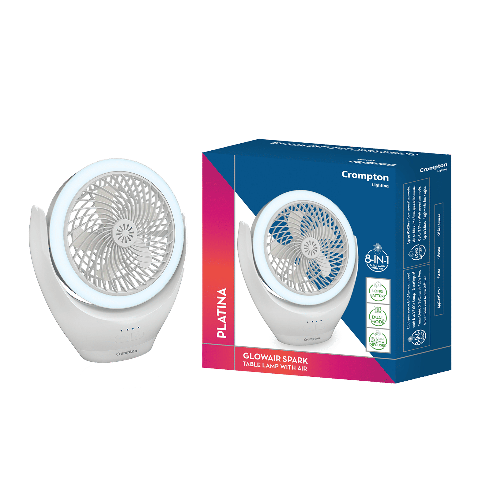 Crompton Glowair Spark 220mm 5 Blade Rechargeable Portable Fan with 2200 mAh Battery (Built-in Aroma Diffuser, White)