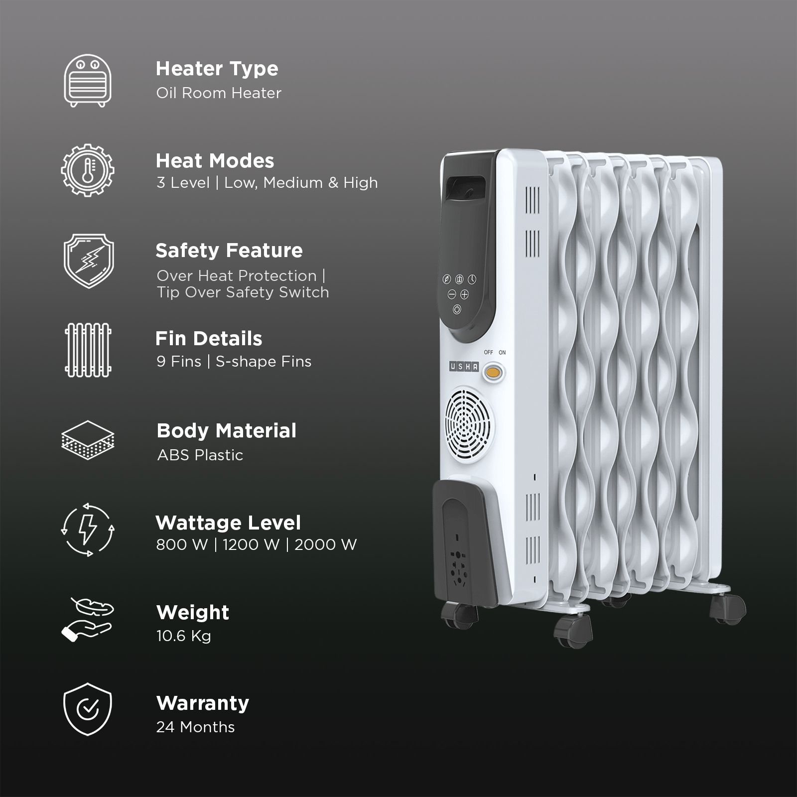 Usha OIL Filed Radiator OFR 4309 FSE PTC