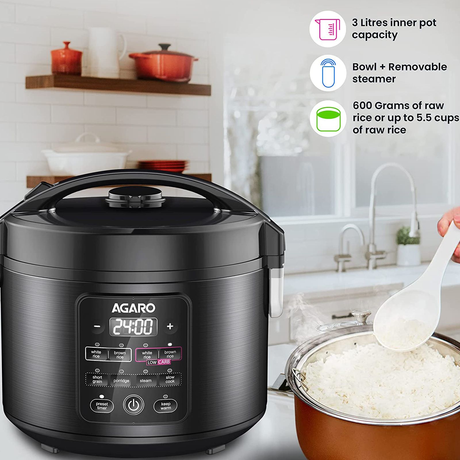AGARO Regal Litre Electric Rice Cooker with Overheat Protection (Black)