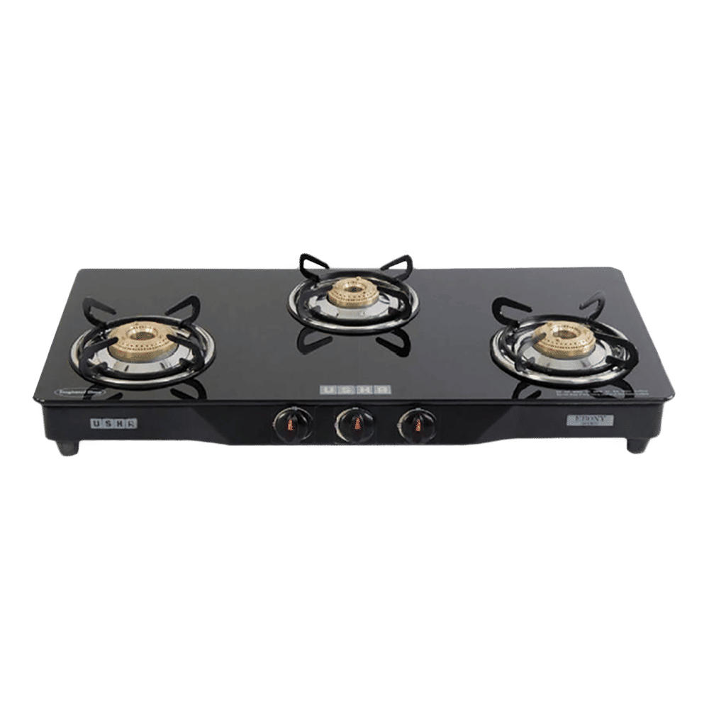 USHA Ebony GS3001 Toughened Glass Top 3 Burner Manual Gas Stove (Powder Coated Frame, Black)