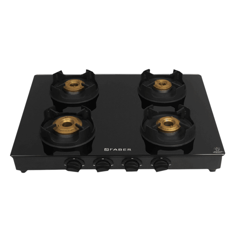 Faber Onyx 4BB BK CI Toughened Glass Top 4 Burner Manual Gas Stove (Diamond Coated Pan Support, Black)