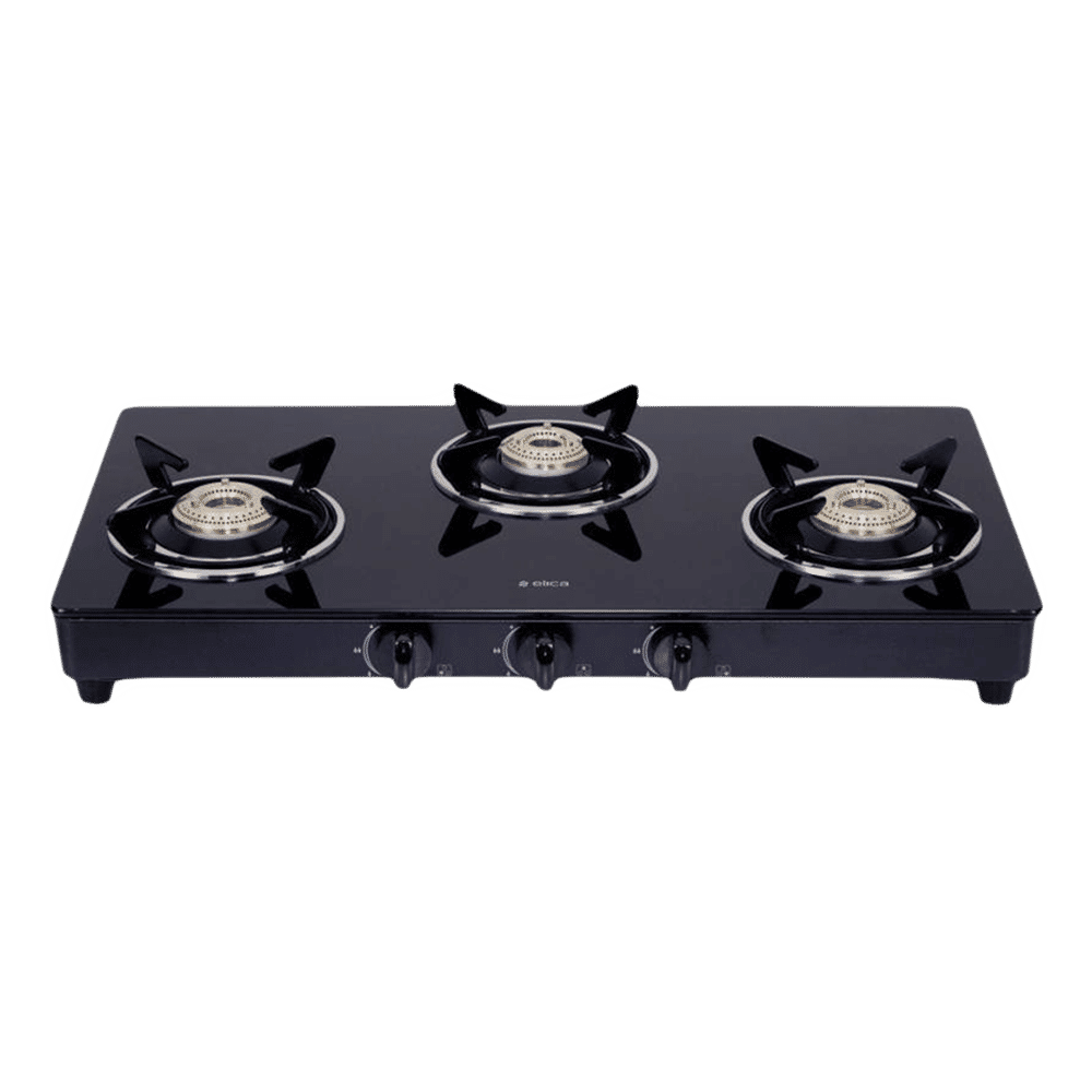 elica 703 CT VETRO BK OR SS Glass Top 3 Burner Manual Gas Stove (ISI Certified, Black)