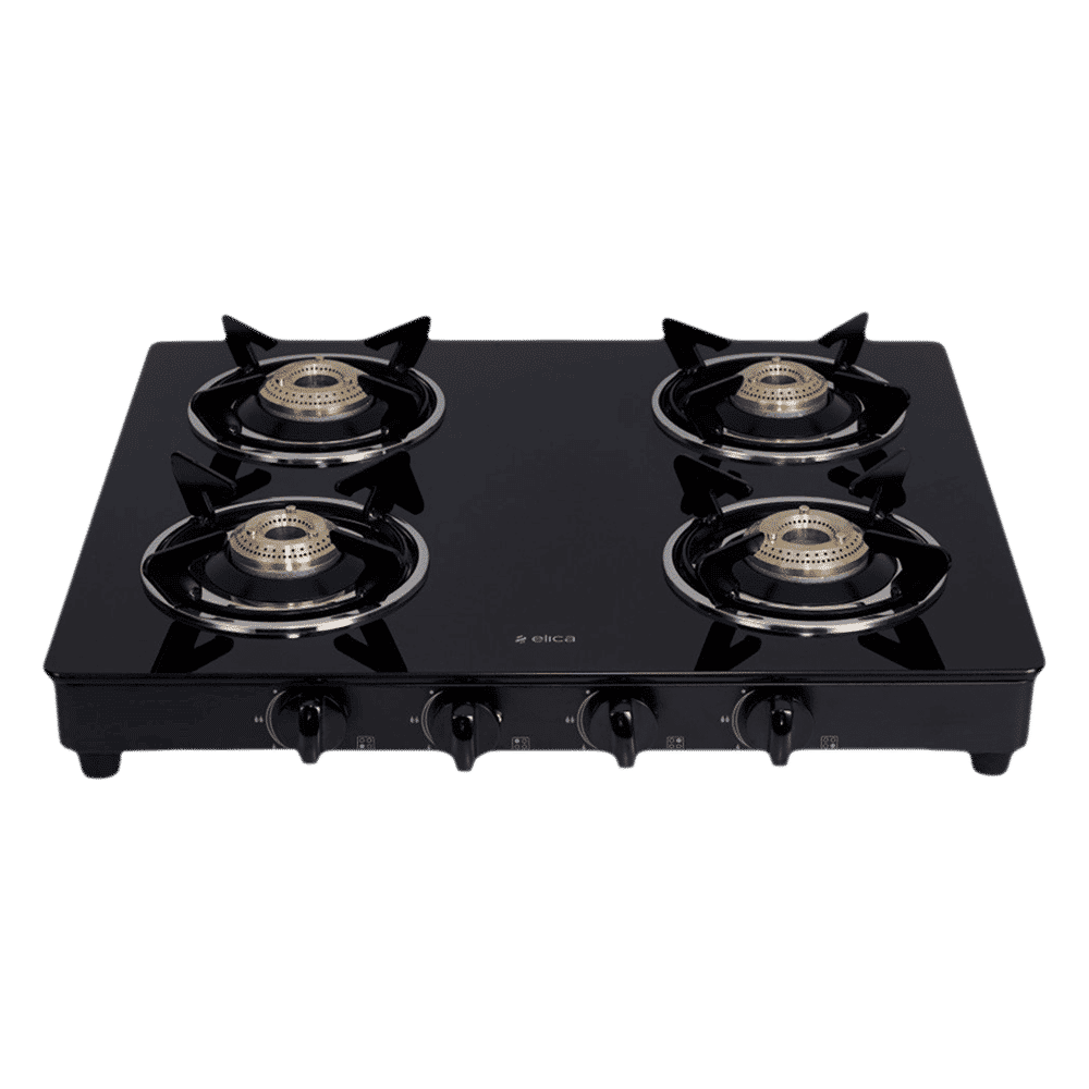 elica 594 CT VETRO BK Glass Top 4 Burner Manual Gas Stove (Round Euro Coated Grid, Black)