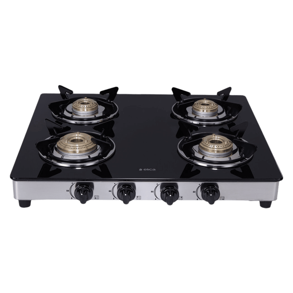 elica 594 CT DT VETRO 1J Glass Top 4 Burner Manual Gas Stove (Round Euro Coated Grid, Black)