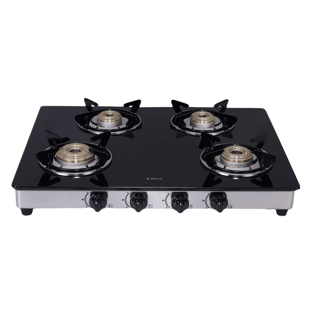 elica 694 CT DT VETRO Glass Top 4 Burner Manual Gas Stove (Round Euro Coated Grid, Black)