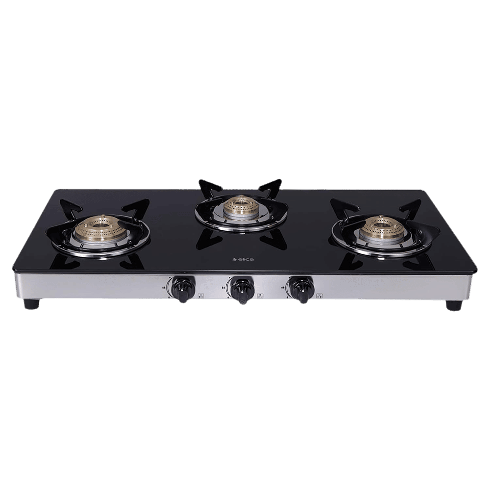 elica 773 CT DT VETRO Toughened Glass Top 3 Burner Automatic Gas Stove (Round Euro Coated Grid, Black)