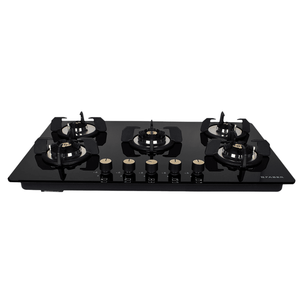 Faber Maxus HT905 CRS BR CI AI Toughened Glass Top 5 Burner Automatic Hob (High Quality Knob, Black)