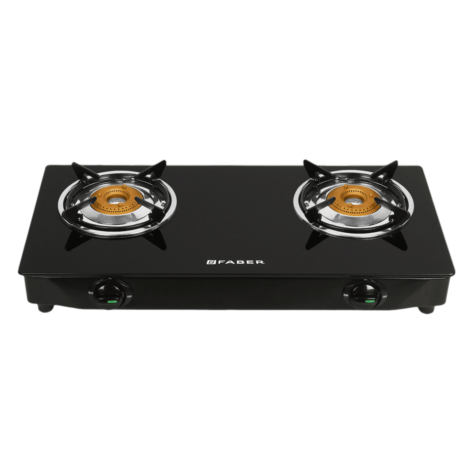 FABER Power Toughened Glass Top 2 Burner Manual Gas Stove (Powder Coated Round Pan Support, Black)