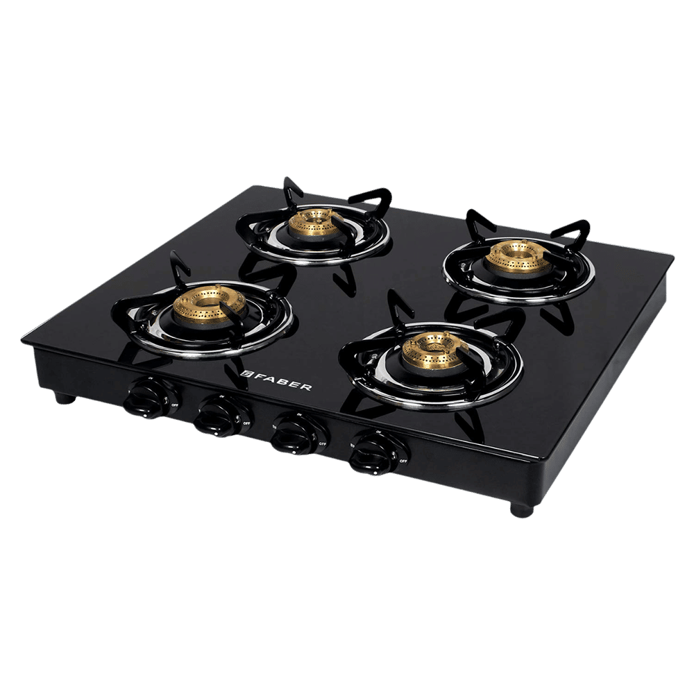 Faber Power 4BB BK Toughened Glass Top 4 Burner Manual Gas Stove (Powder Coating Round Pan Support, Black)