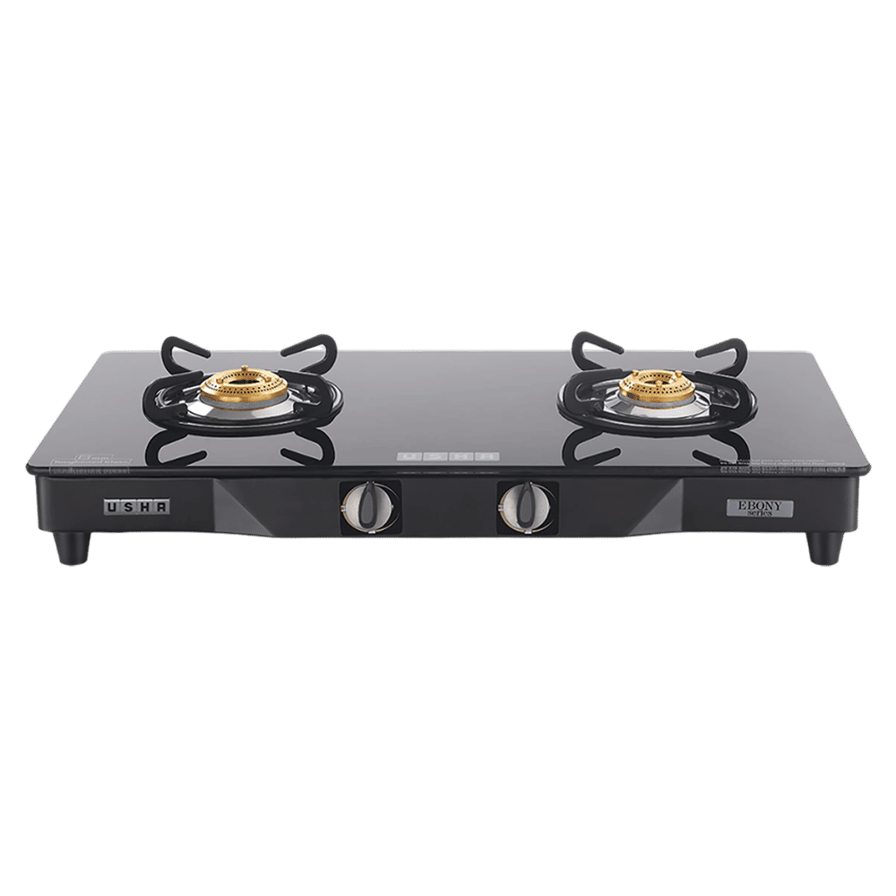 USHA Ebony GS2001 Toughened Glass Top 2 Burner Manual Gas Stove (Slim Line Design, Black)