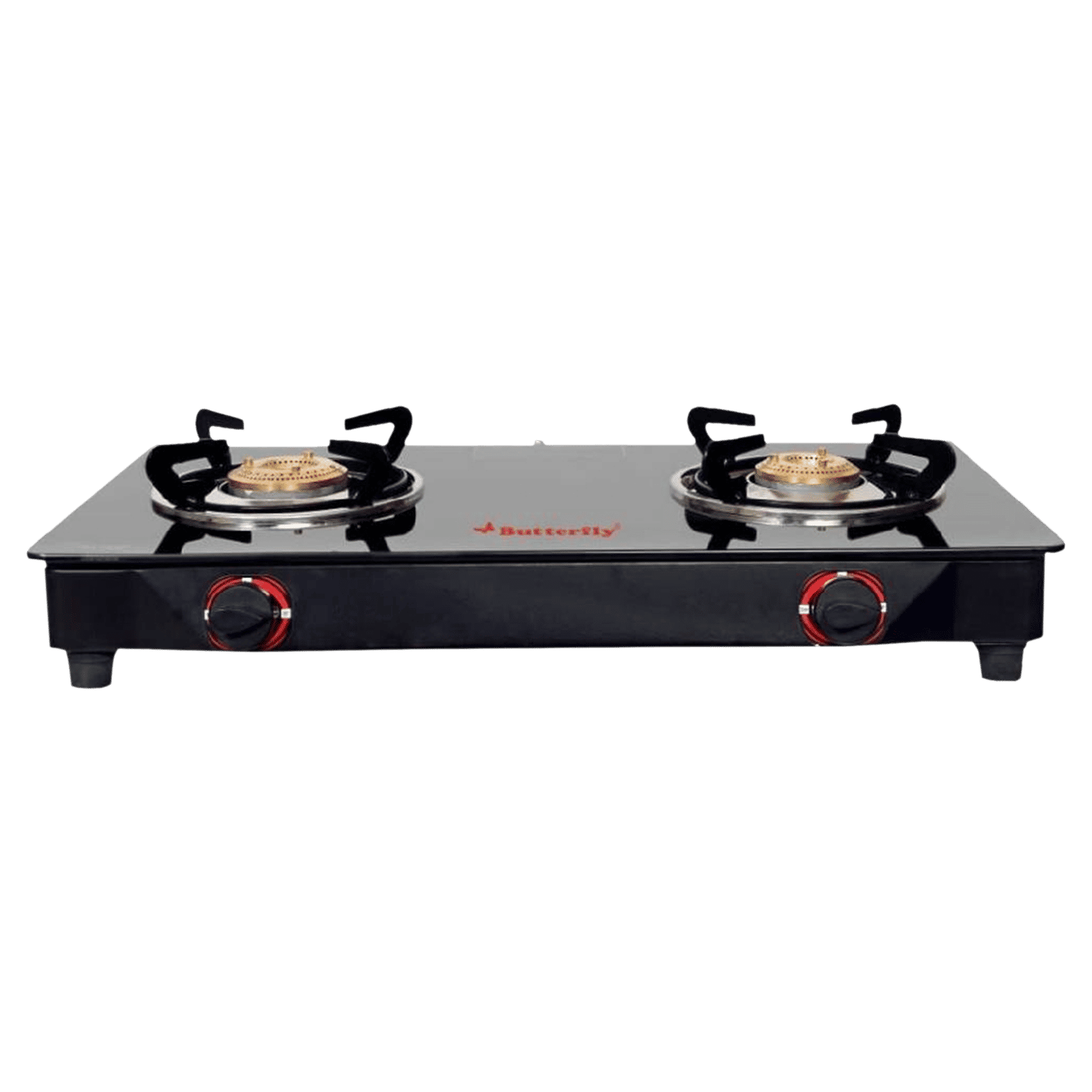 Butterfly Wave Toughened Glass Top 2 Burner Manual Gas Stove (Rust Free Pan Stand, Black)