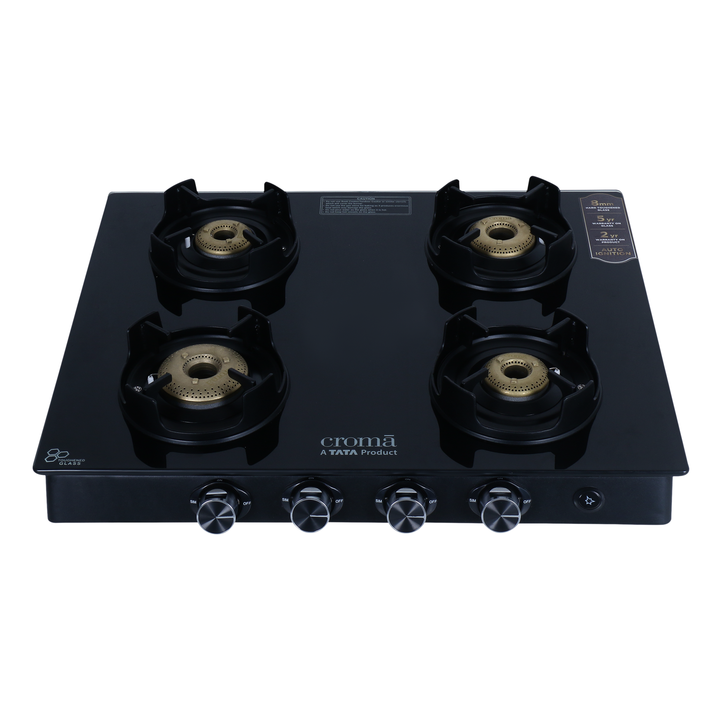 Croma Toughened Glass Top 4 Burner Automatic Gas Stove (Flame proof pan support, Black)