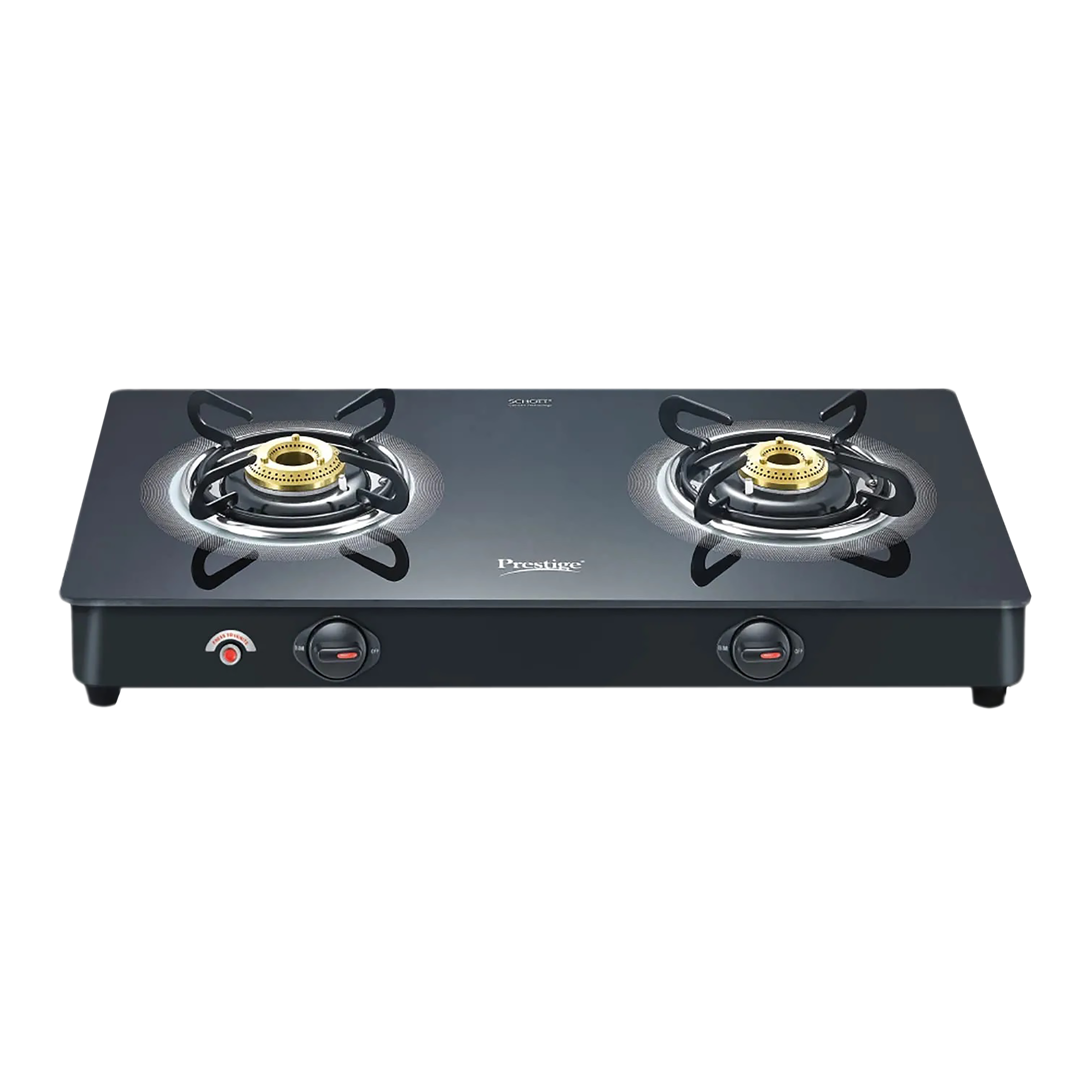 Prestige Royale Plus Toughened Glass Top 2 Burner Automatic Gas Stove (Ergonomic Knob, Black)