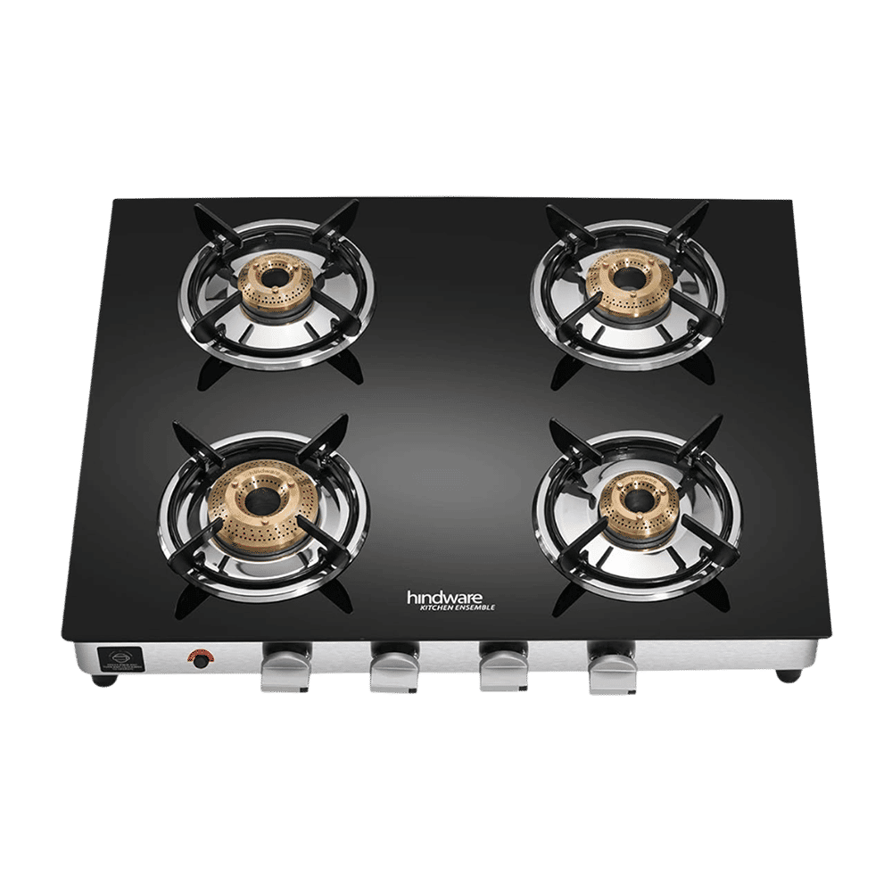 Hindware ARMO Plus Toughened Glass Top 4 Burner Automatic Gas Stove (Sleek Body Design, Black)