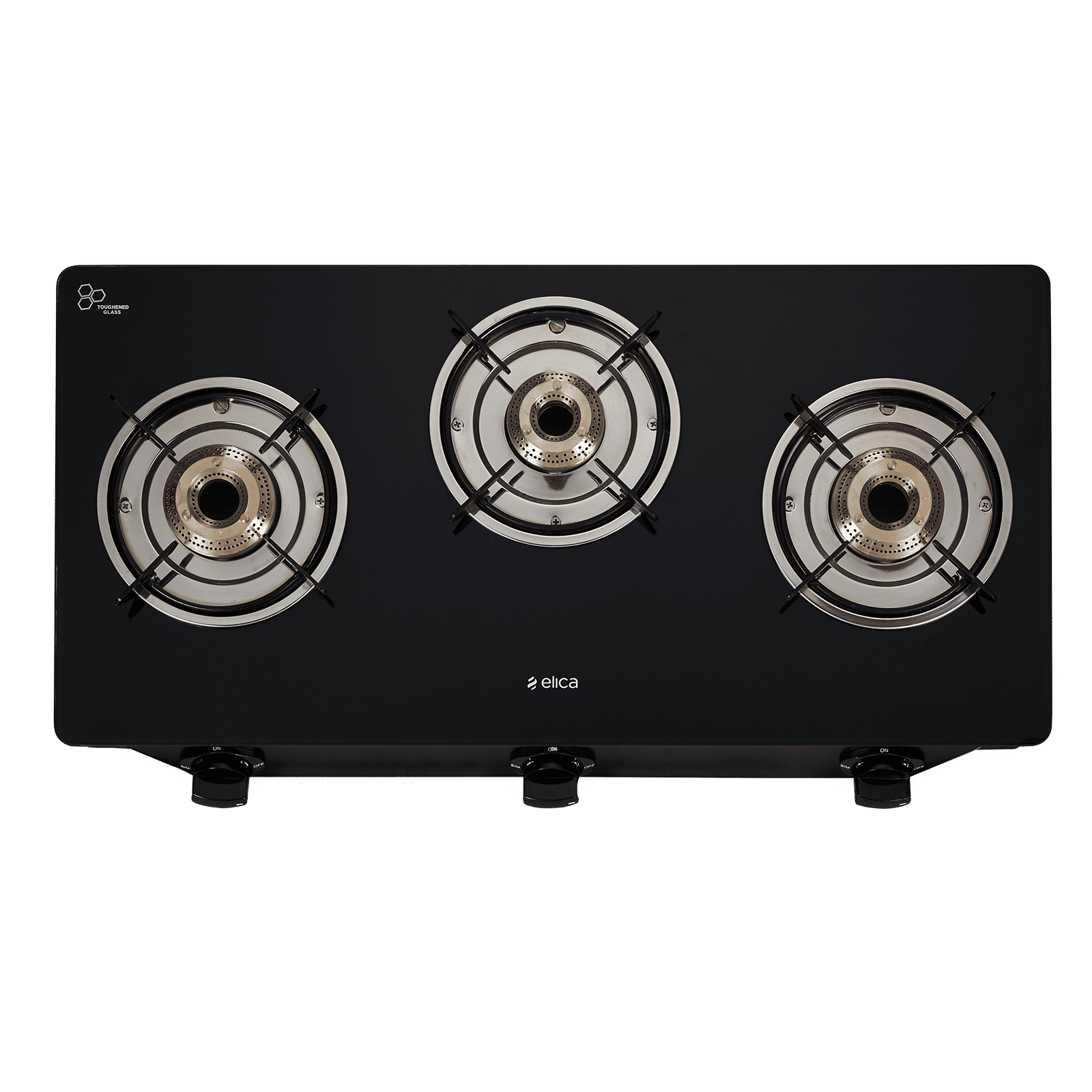 Elica 703 CT VETRO BK Toughened Glass Top 3 Burner Manual Gas Stove (Round Euro Coated Grid, Black)