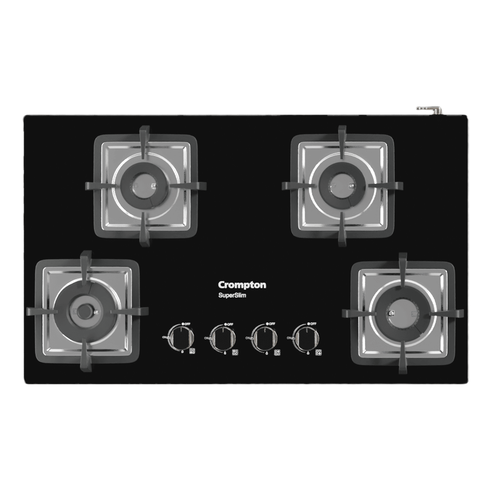 Crompton SuperSlim Toughened Glass Top 4 Burner Automatic Hob (Enamel Coating Cast Iron Pan Support, Midnight Black)