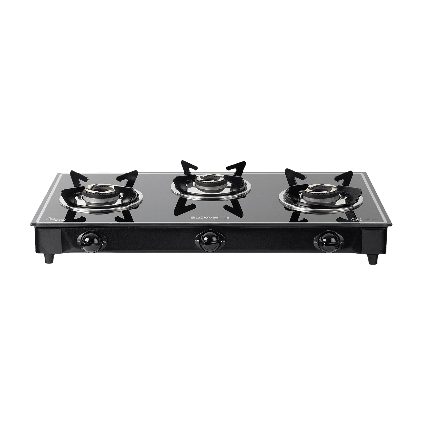 Blowhot Opal Toughened Glass Top 3 Burner Manual Gas Stove (ISI Certified, Black)
